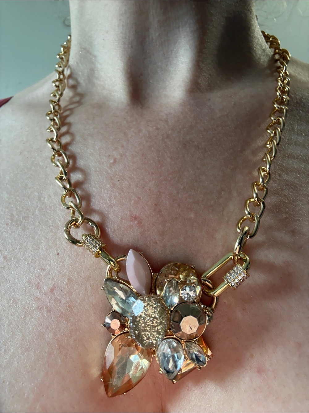 Hand-Crafted Gold-Tone Pink and Champagne Crystal Statement Necklace
